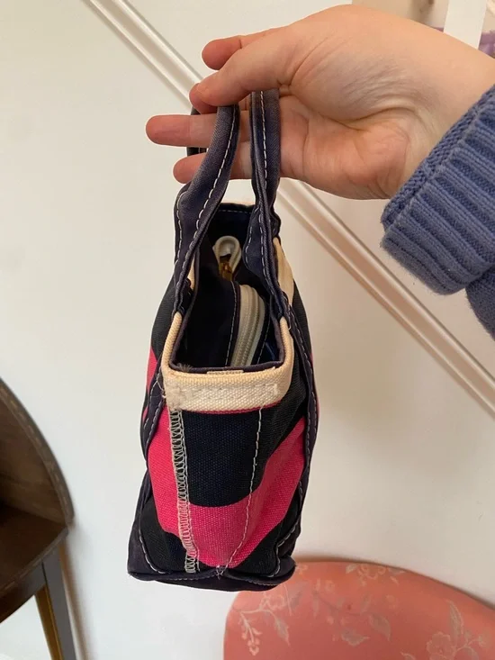 L.L. Bean 90s Vintage Mini Boat & Tote Canvas Pink & Navy Stripe Bag Made in USA - Picture 2 of 10